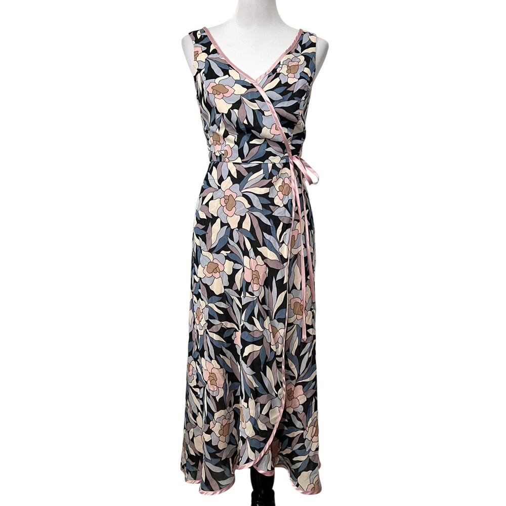 Vintage 90s Floral Wrap Dress Sleeveless Midi Pink Blue Crepe Size 4 Lined Moods